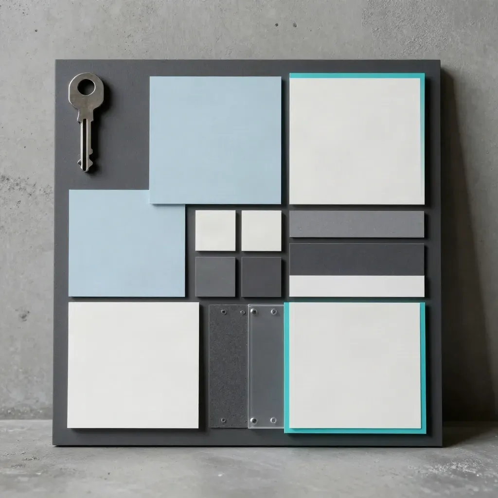 Modulares Agentur-Schriftboard mit Farbchips auf kühlem Beton, frontal und präzise.